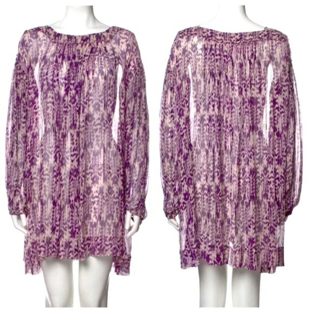 Etoile Isabel Marant Dress Silk Chiffon Sheer Shift Long Sleeved Mini Purple 0